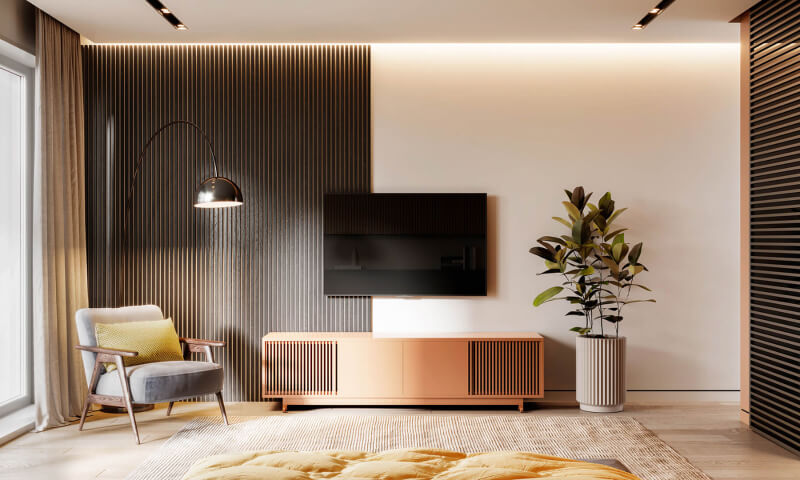 Elegante Holzverkleidung der Wand mit mehreren Leisten und helle TV-Bank.