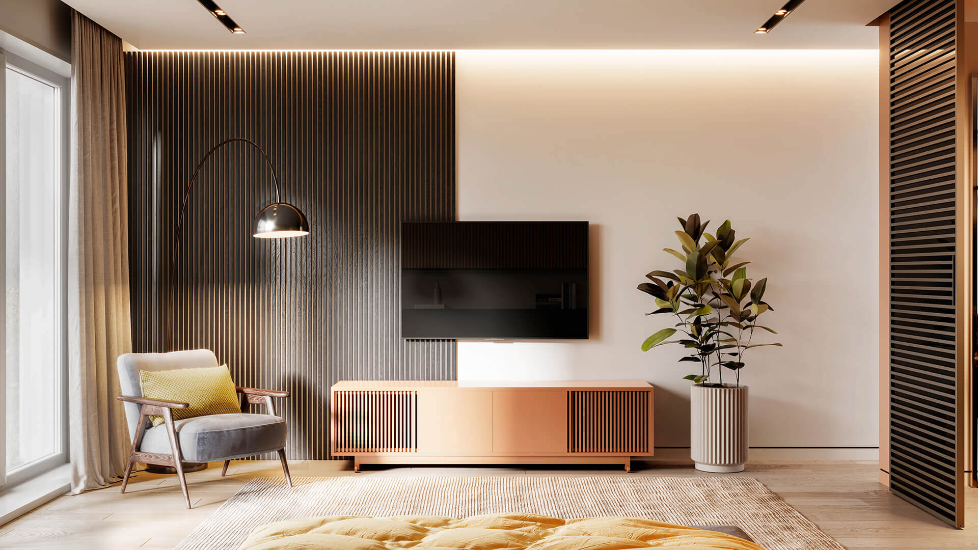 Elegante Holzverkleidung der Wand mit mehreren Leisten und helle TV-Bank.