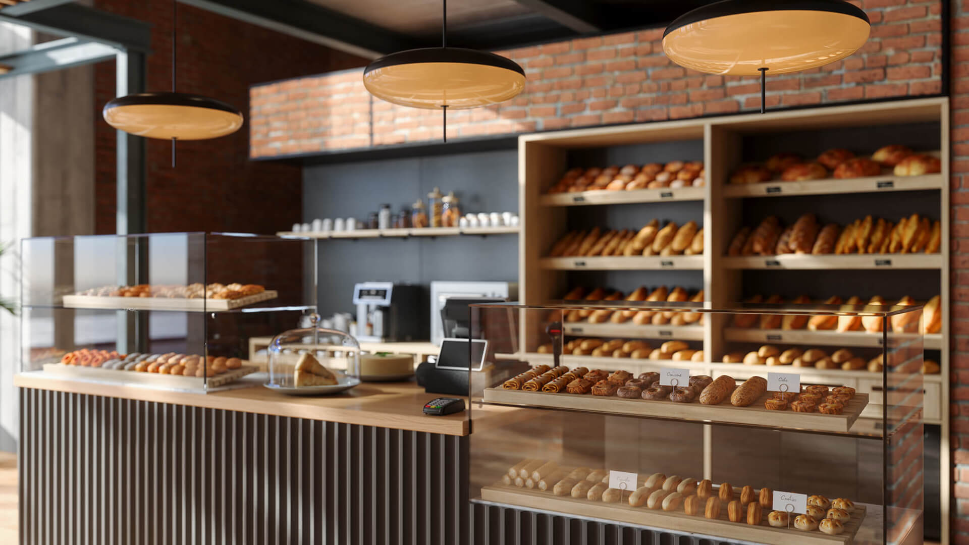 Kasse und Theke einer Bäckerei, die komplett aus Holz gebaut ist und sehr elegant wirkt.