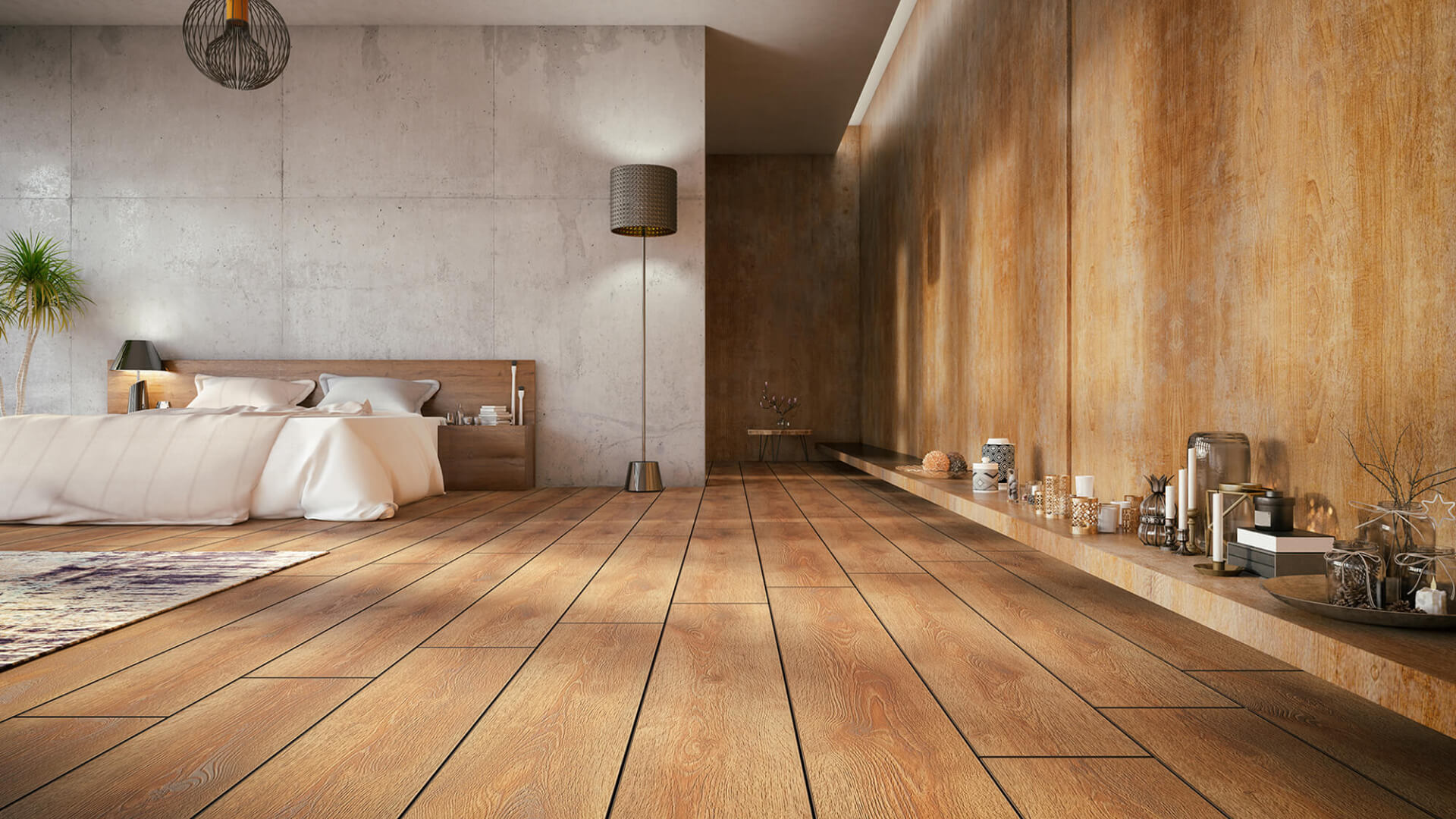 Sehr eleganter Schlafzimmer mit hellem Holzboden und einer Wand vollständig mit hellem Holz verkleidet.