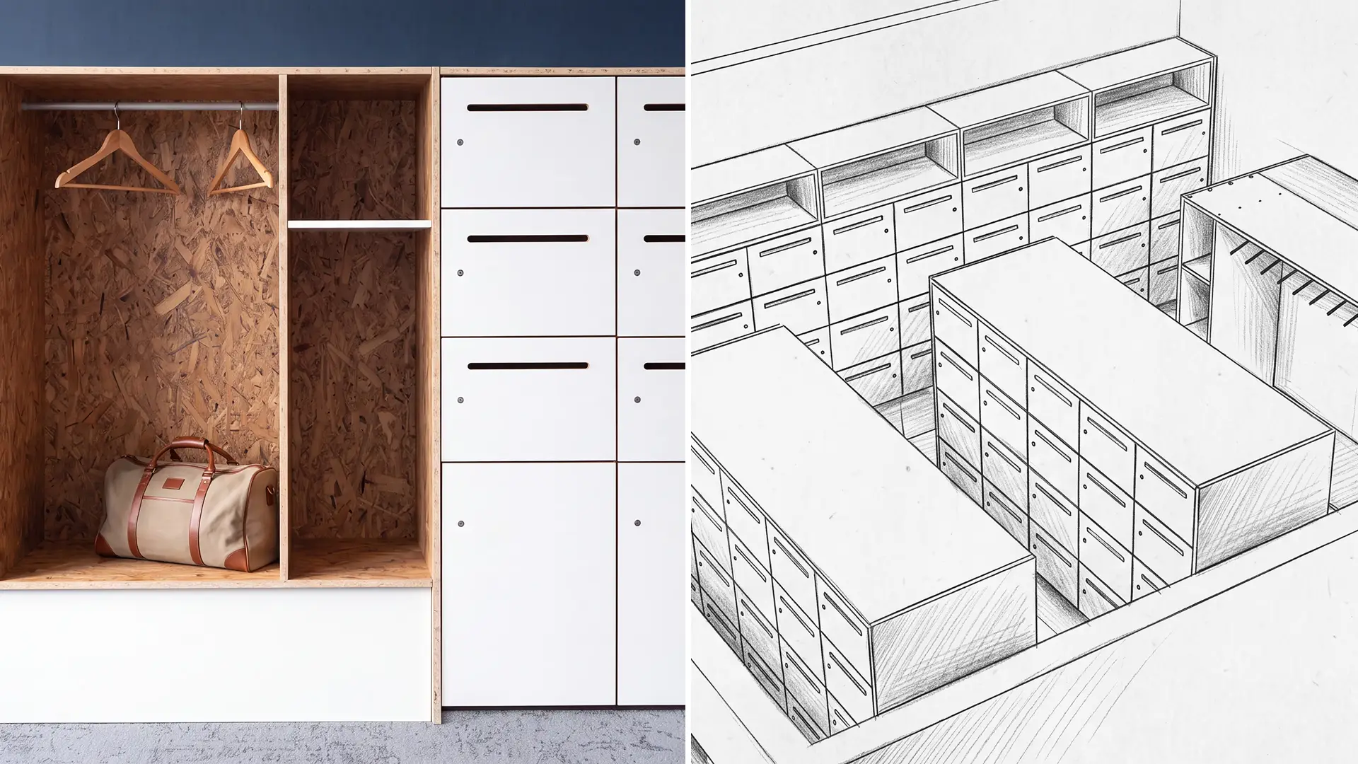 Gegenüberstellung von Planungsskizze und fertigem Umkleidemöbel mit Garderobe und Schließfächern